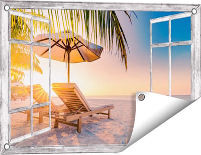 Gards Tuinposter Doorkijk Tropisch Strand tijdens Zonsondergang - 60x40 cm - Tuindoek - Tuindecoratie - Wanddecoratie buiten - Tuinschilderij