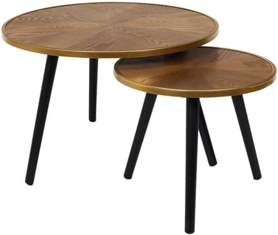 Home Deco Factory Bijzettafels/salontafels Tiny - set van 2x stuks - hout - rond - bruin/zwart - Koffietafels