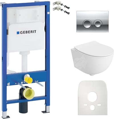 Inbouwreservoir Complete Toiletset Geberit Duofix Basic - Inbouw WC Hangtoilet Wandcloset BRAVA Wit Hoogglans - Bedieningsplaat DELTA Chroom Rund - Voorwandelement - Installatiesysteem