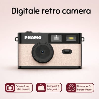 Phomo Digitale Camera - Schermvrije Retro Fotocamera - 8 Megapixel - 2500 Foto's - 4 Ingebouwde Retrofilters - Met Flits - Oplaadbaar via USB-C - Inclusief 8GB SD-kaart - Beige