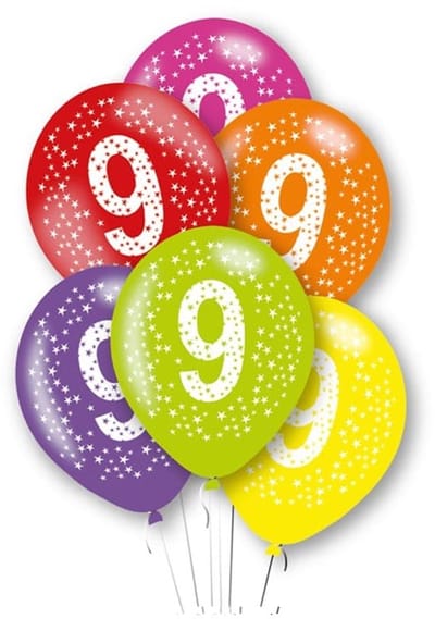 BALLONNEN SET "9" GEKLEURD - BALLONNEN 9 GEKLEURD - VERJAARDAG BALLONNEN 9 - AMSCAN - SET VAN 6