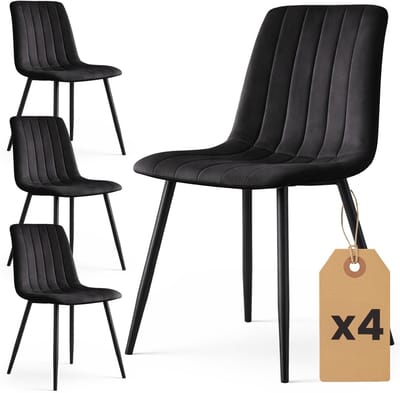 Set van 4 Eetkamerstoelen LIVO / Gestoffeerde Stoelen / Fluwelen Stoelen en Metalen Poten / Zwart met zwarte benen