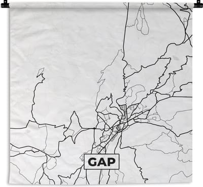 Wandkleed - Wanddoek - Frankrijk – Kaart – Gap - Plattegrond – Stadskaart - Zwart wit - 180x180 cm - Wandtapijt