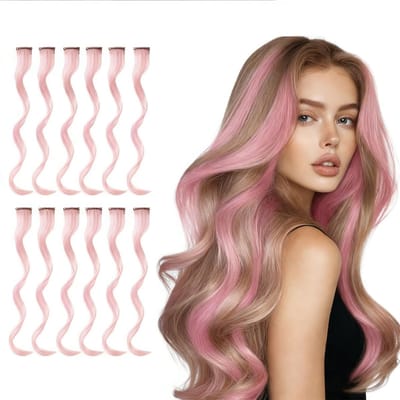 Klip-in Haarextensions van 12 Stuks, Rechte Synthetische Lichtroze, Perfect voor Feestjes en Themadagen, Voor Vrouwen en Meisjes