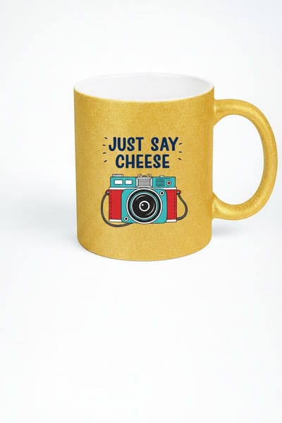Gouden Glitter Mok - Just Say Cheese - Keramische Koffiemok met Retro Camera Design