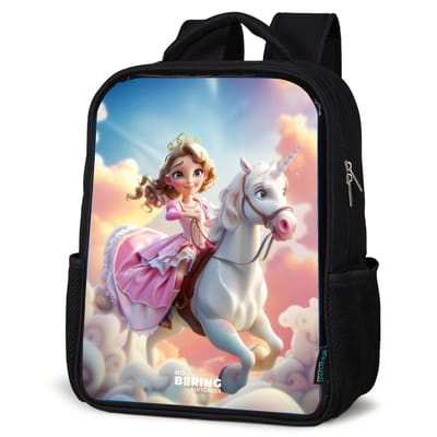 NoBoringSuitcases.com® - Rugzak zwart - Schooltas jongen & meisje - Prinses op een eenhoorn tussen de wolken - Rugtas voor school - Boekentas kind - Schoolrugzak - Kinderrugzak