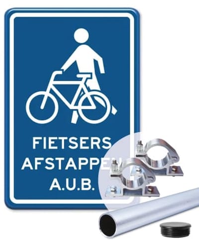 Bord fietsers afstappen - blauw - Weerbestendig Aluminium - 30x45 cm - Bevestiging: Met paal 150 cm + paalbeugels + paaldop