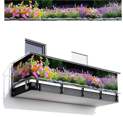 Balkonscherm 500x85 cm - Balkonposter Bloemen - Steenrand - Kleurrijk - Balkon scherm decoratie - Balkonschermen - Balkondoek zonnescherm