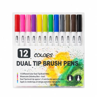 Aquarelmarkers - 12 kleuren - Inkt op waterbasis - Dubbele punt met zachte punt en fijne lijnpunt - Geschenkdoos