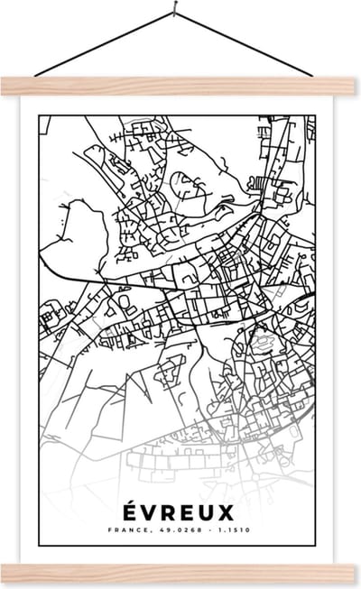 Posterhanger incl. Poster 40x60 cm - Schoolplaat - Stadskaart – Plattegrond – Évreux - Kaart – Frankrijk - Zwart wit - Textielposter - Blanke latten - Stadskaart