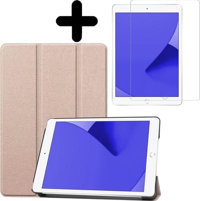 Hoes - Geschikt voor Apple iPad 8 (2020) - 10.2 inch - 8e Generatie - Met Screenprotector - Trifold Bookcase - Hard Cover - Hardcover Book Case - Tablet Hoesje - Goud