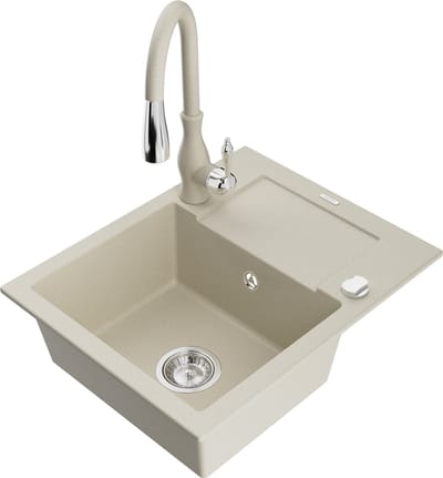 Mexen Enzo granieten spoelbak 1-komers met afdruiprek en keukenmengkraan Savita, beige - 6506-69-672601-69