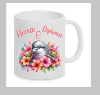 Bedrukte beker met dolfijn in bloemen en tekst Diploma C, Zwemdiploma C, Diploma C, Zwemdiploma, Cadeau, XLX®