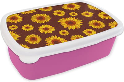 Broodtrommel Roze - Lunchbox - Brooddoos - Zonnebloem - Bohemian - Flora - Patroon - 18x12x6 cm - Kinderen - Meisje