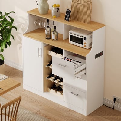 REDOM - Sideboard - Wijnrek met 4 niveaus en glazenhouder - Opbergruimte met 3 verstelbare planken en 3 lades - LED-verlichting - Eetkamer - MDF - Wit en naturel - 120 x 40 x 121 cm