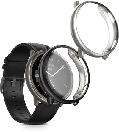 kwmobile 2x smartwatch hoes geschikt voor Amazfit Active2 (A2437) hoesje - Siliconen sporthorloge cover - Activity tracker case in zilver / zwart