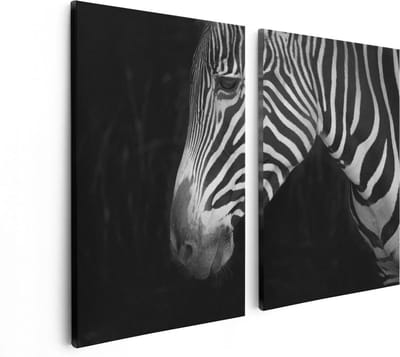 Artaza Canvas Schilderij Tweeluik Zebra Kop Vanaf De Zijkant - Zwart Wit - 80x60 - Foto Op Canvas - Canvas Print