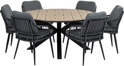 7-delige ronde tuinset | 6 Isabel tuinstoelen (Black) | ø150cm Cyprus tuintafel (Wood)