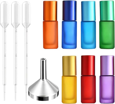 Set van 7 Lege Glazen Roll-on Flesjes 5 ml met Spuiten en Trechter voor Essentiële Olie, Parfum en Aroma Therapie