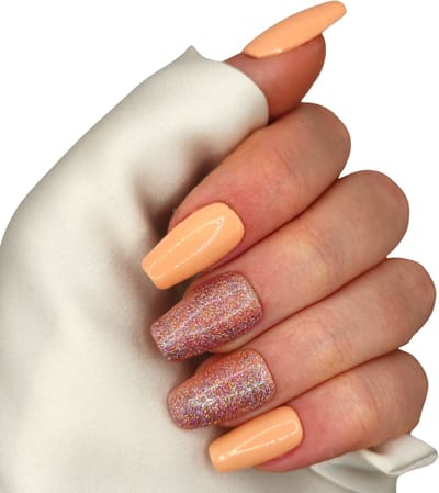 SD Press on Nails - B-247 - Plaknagels - Nagelset 20 Nagels - Nude Glitter - Gellak - Nagellak - Medium Coffin Nageltips - Nepnagels met Lijm - Kunstnagels - Nail Art - Handmade - Valse nagels - Nagelvijl - Accessoires - Nude Nagels