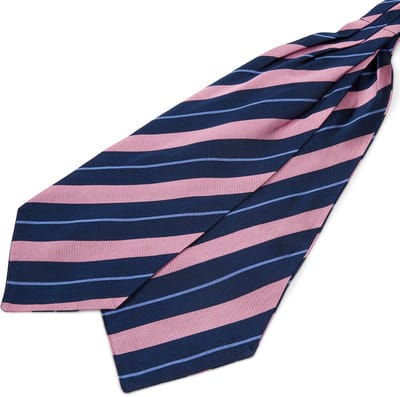 Gestreepte Roze & Marineblauwe Zijden Sjaaldas met Dunne Blauwe Accenten