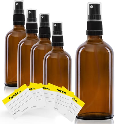 Oputec 5 x 100 ml sprayflessen – bruin glas met fijne verstuiver & etiketten – lekvrij & navulbaar