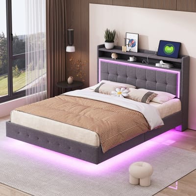 DESMIU Gestoffeerd Bed 140x200 cm Met Usb-Aansluiting En Ledverlichting - Hoofdbord Met Opbergruimte - Tweepersoonsbed - Linnenstijl - Grijs - Zonder Matras