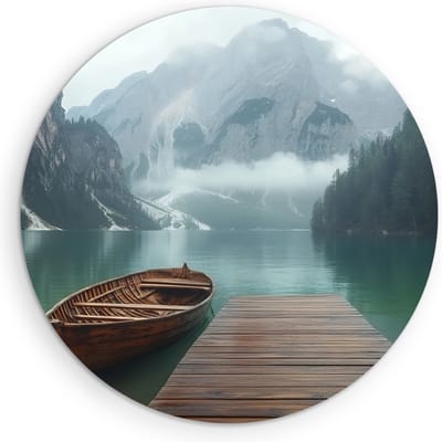Saammp Muurcirkel Hout - Boot aan steiger - Dolomieten - Landschap - Natuur - Ø 90 - Wandcirkel - Wanddecoratie Cirkel - Muurdecoratie Woonkamer - Slaapkamer decoratie - Rond Schilderij