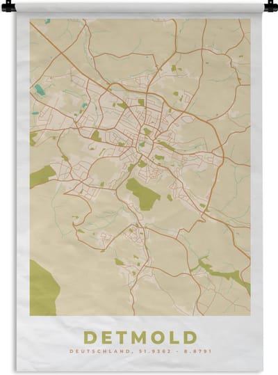 Wandkleed - Wanddoek - Kaart - Stadskaart - Vintage - Detmold - Plattegrond - 120x180 cm - Wandtapijt