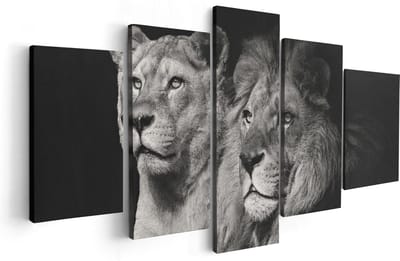 Artaza Canvas Schilderij Vijfluik Leeuw En Leeuwin - Zwart Wit - 100x50 - Foto Op Canvas - Canvas Print