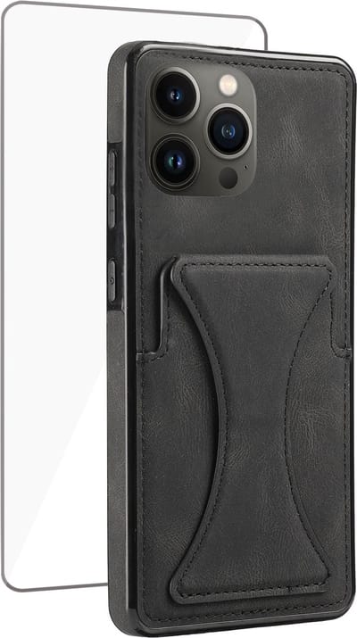 Geschikt voor iPhone 13 Pro Pasjes Houder Hoesje + Screenprotector – Gehard Glas Cover - Portemonnee Hoesje met Kickstand - Magnetisch - Zwart