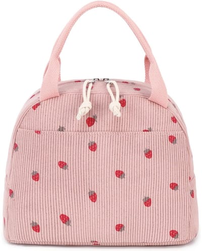 Geïsoleerde tas - draagbare lunchtas - lunchtas lunchbox - schattige corduroy lunchtas - herbruikbare, grote capaciteit geïsoleerde lunchtas - geschikt voor kamperen in de buitenlucht - unisex - roze 25×20×20cm