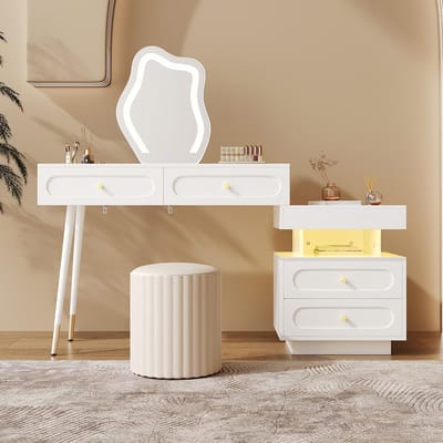 Pugsdrly - Kaptafel - Met led-spiegel en verlichting - Witte kaptafelset voor slaapkamer - 4 ruime lades - 1 open opbergvak - Kleur: wit - (zonder kruk)
