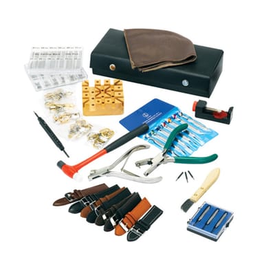 Gereedschapsset voor het verwisselen van leren en metalen armbanden, complete set voor alle soorten armbanden, met kastopener, perforator, poetsdoek, hamer, set voor het verwijderen van pennen en nog veel meer.