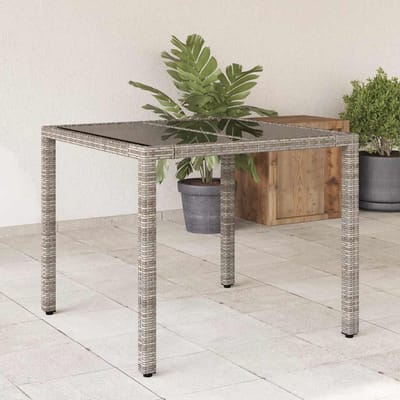 vidaXL - Tuintafel - met - glazen - blad - 90x90x75 - cm - poly - rattan - grijs