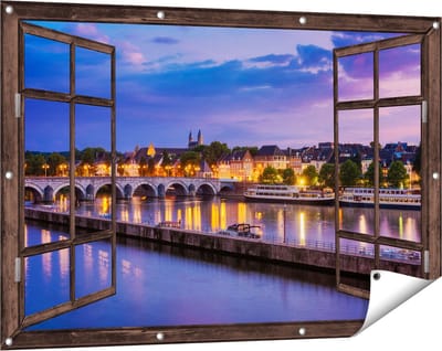 Gards Tuinposter Doorkijk Maastricht Maas Rivier bij de Sint Servaasbrug - 120x80 cm - Tuindoek - Tuindecoratie - Wanddecoratie buiten - Tuinschilderij