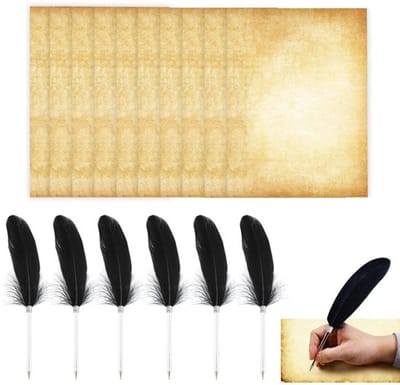 Veerpen Set - 6 Stuks - Inclusief 10 Vellen Dubbelzijdig Schrijfpapier - Retro Design - Metalen Penlichaam - Elegante Schrijfervaring - Schrijfpennen