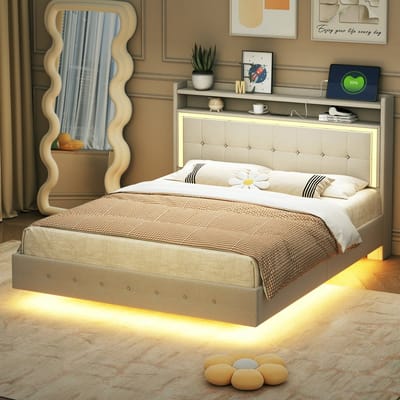 Pugsdrly gestoffeerd bed 140*200, met USB-aansluiting en LED-verlichting, bed kan aan het hoofdeinde van het bed worden geplaatst, verborgen voetontwerp, dubbel vlak bed, linnen stof beige
