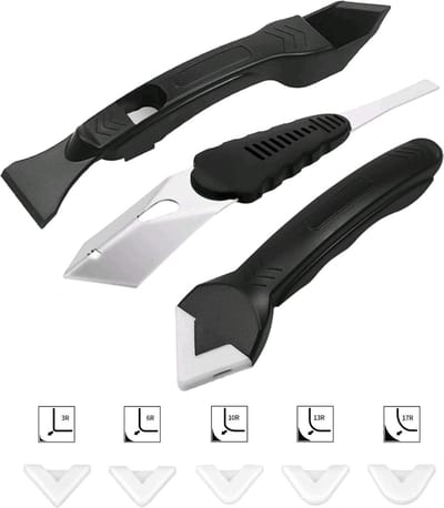 PD® Kit Reparatie SET + Schraper 8 Delig - Ideaal voor het Afwerken, Verwijderen en Bewerken van Kitvoegen - Metalen & Kunststof Schrapers, Siliconen Troffel - Inclusief 4 Radius Opzetstukken - Kunststof, Siliconen, Roestvrij Staal