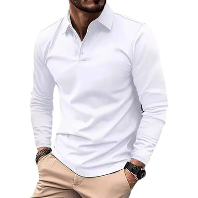 Lente en Herfst Heren Poloshirt Nieuwe Mode Revers Drie Knoop Lange Mouw Effen Kleur Heren Top L wit
