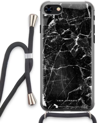 Case Company® - Hoesje met koord geschikt voor iPhone 8 hoesje met Koord - Zwart Marmer - Telefoonhoesje met Zwart Koord - Bescherming aan alle Kanten en Over de Schermrand