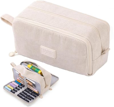 Pennenetui, etui met 3 vakken, pennenzak grote capaciteit, pennendoos, pennenzak, pennenetui, 22.5 x 8 x 12 cm（beige）