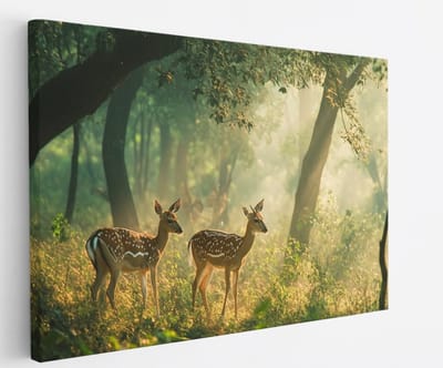 Saammp Canvas Schilderij - 2 Hertjes in het bos - Landschap - Natuur - 45x30 - Foto op canvas - Wanddecoratie - Muurdecoratie Woonkamer - Slaapkamer decoratie - Canvas Print