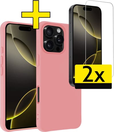 Hoesje - Met 2x Screenprotector - Geschikt voor Apple iPhone 16 Pro - Sterk & Shockproof - Back Cover - Siliconen Case - Telefoon Hoes - Telefoonhoesjes - Lichtroze