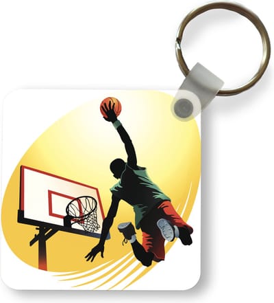 Sleutelhanger - Uitdeelcadeautjes - Een basketbalspeler dunkt vanaf de zijkant in een illustratie - Plastic