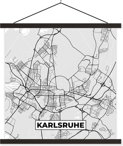 Posterhanger incl. Poster 60x60 cm - Schoolplaat - Karlsruhe - Kaart - Plattegrond - Stadskaart - Duitsland - Textielposter - Zwarte latten - Stadskaart