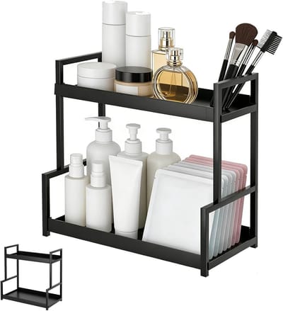 Badkamerorganizer met 2 niveaus, 40 x 22 x 40 cm, multifunctionele skincare organizer voor parfums, cosmetica en make-up, zwart ijzeren frame
