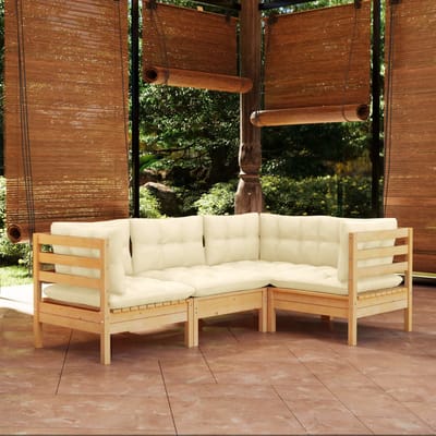 vidaXL - 4-delige - Loungeset - met - crèmekleurige - kussens - grenenhout