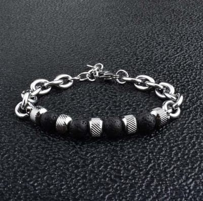 Leerella Dames en Heren Armband - Zwart Verstelbare Kralen met RVS Armband - Verstelbare Heren- en Damesarmband van Edelstaal - Moederdag Vaderdag Valentijnsdag 18+5cm
