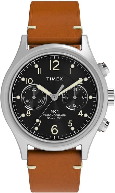 Timex Timex Mk1 Chronograph Quartz Chronograaf Horloge Bruin En Zilverkleurig Kast Gemaakt Van 100% Roestvrij Staal En Een Armband Van 100% Leer 40 TW2Y71100AJ